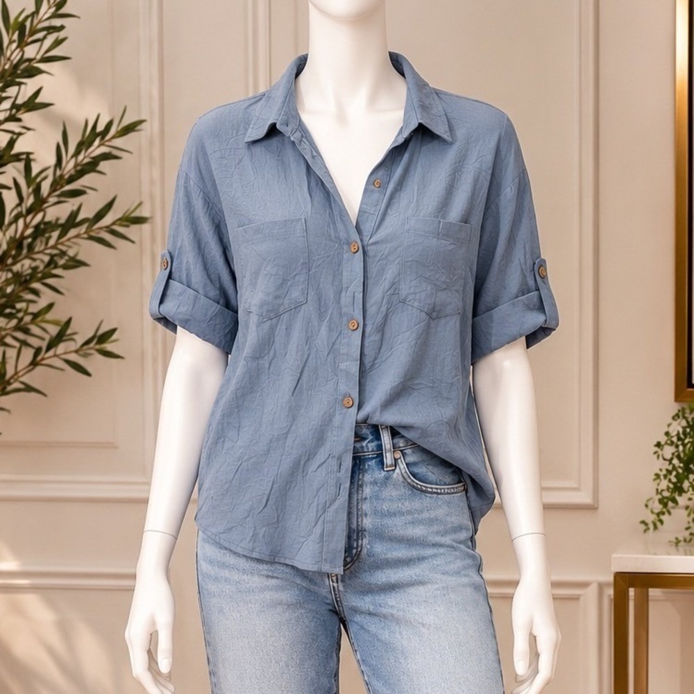 Staccato Womens Button Down Shirt Short Sleeve Linen Blend Blue XL